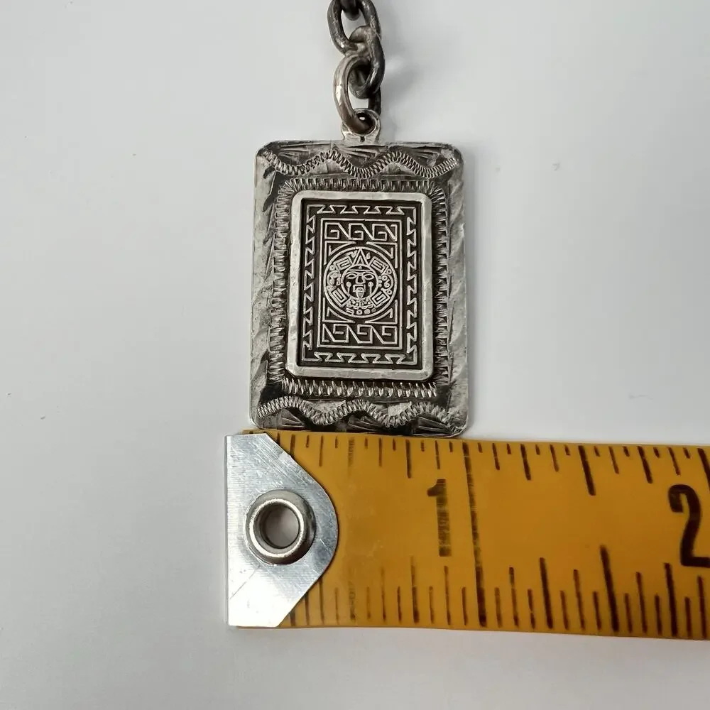Vtg Sterling Silver 925 Mexico Rectangle Mayan Calendar Aztec Face Keychain